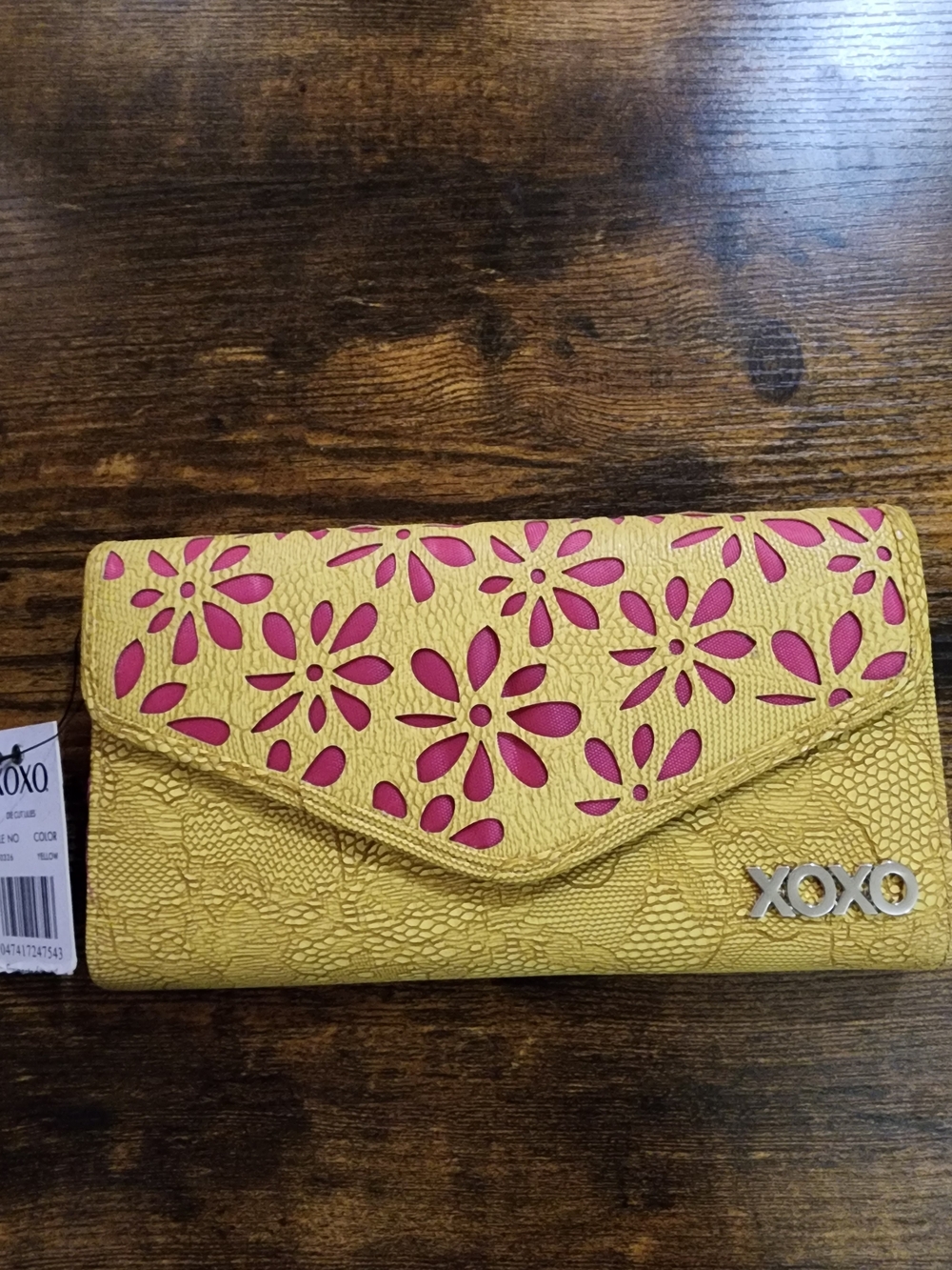 XOXO Yellow Floral Cutout Clutch Wallet with Pink Lining